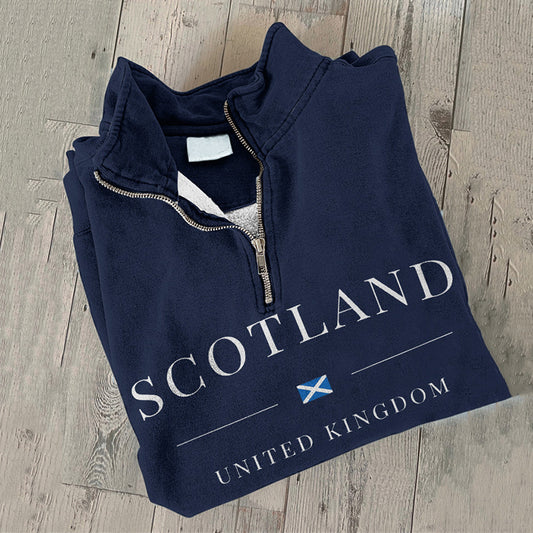 Comstylish Vintage Scotland Travel Print Zipper V Neck Casual Sweatshirt