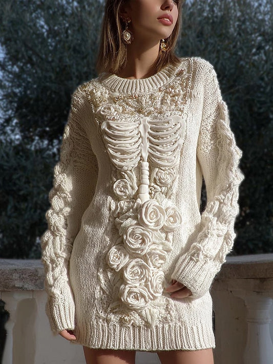 Comstylish Vintage White Skeleton Roses Crochet Cozy Knit Dress