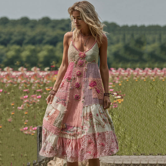 Women's Embroidered Quilted Patch Floral Maxi Dress artswardrobe