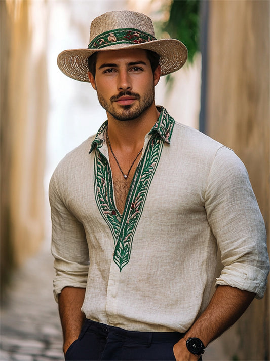 Men's Boho Tropical Embroidered Trim Linen Shirt artswardrobe