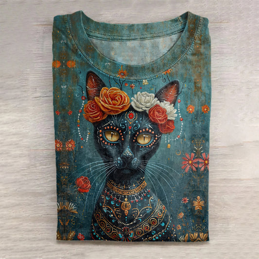 Comstylish Mexican Day Of The Dead Cat Print T-Shirt