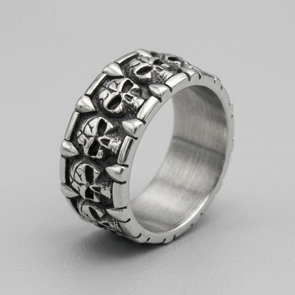 Spiked Skull Panel Statement Band Ring