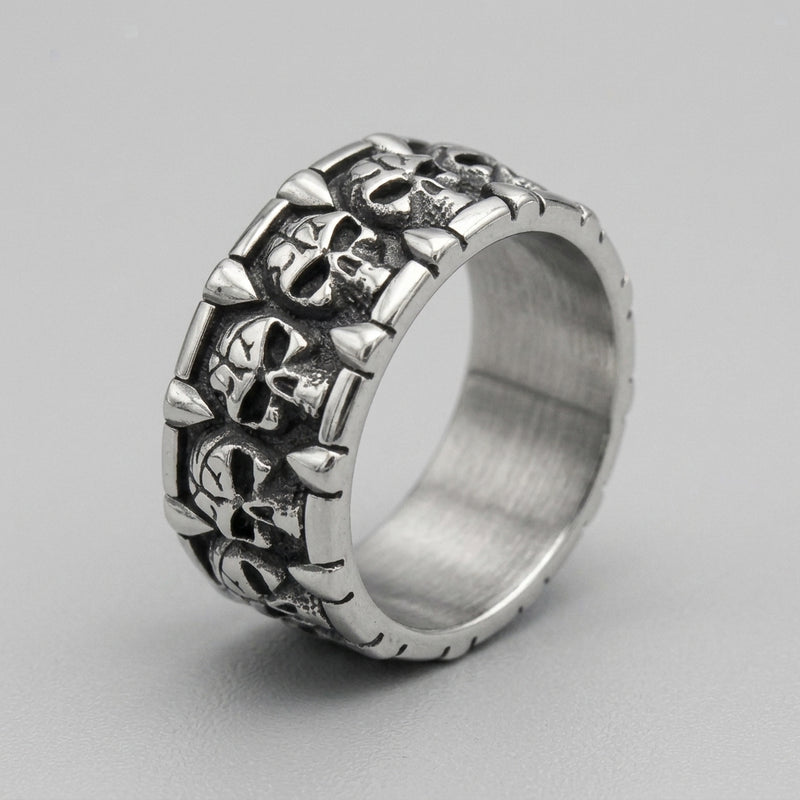 Spiked Skull Panel Statement Band Ring