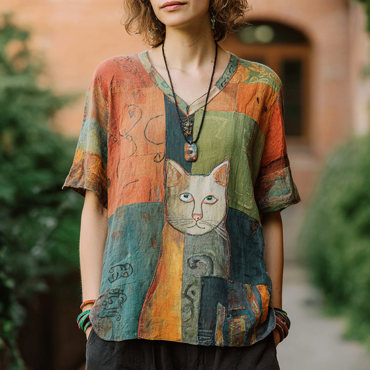 Women's Vintage Abstract Cat Oil Painting Art Patchwork T-shirt elevenforest