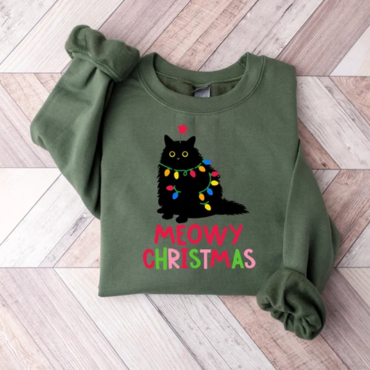 Meowy Christmas Cute Cat Embroidered Art Print Crew Neck Casual Sweatshirt elevenforest