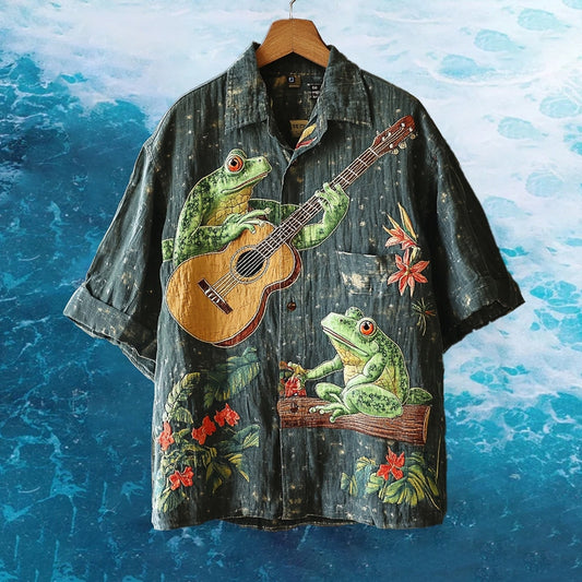 Men's Embroidered Funny Frog Playing Guitar Hawaiian Shirt artswardrobe