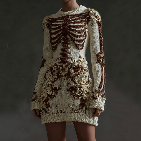 Women's Halloween Skeleton Flower Art Gothic Knitt Mini Sweater Dress artswardrobe