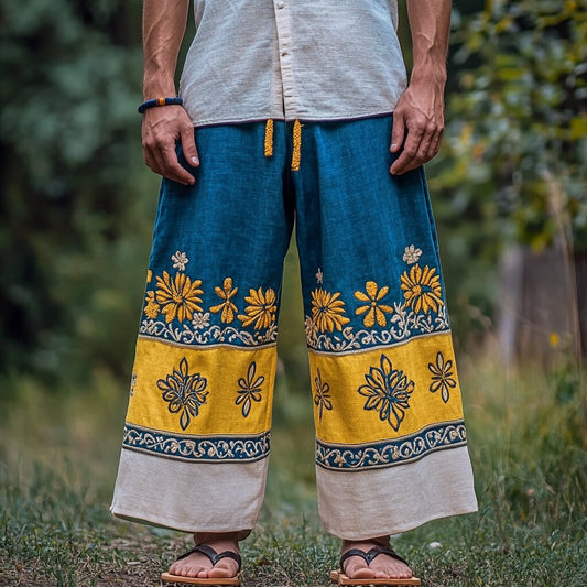 Men's Retro Sunflower Floral Colorblock Casual Pants artswardrobe
