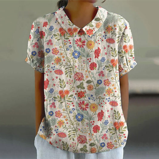 Comstylish Women's Pastoral Floral Art Print Casual Cotton Linen Shirt