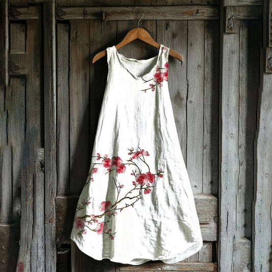 Comstylish Vintage Cherry Blossom Art Linen Blend Tank Dress