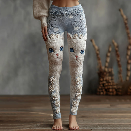 Comstylish Vintage Cute Cat Face With Roses Art Embroidered Cozy Knit Leggings