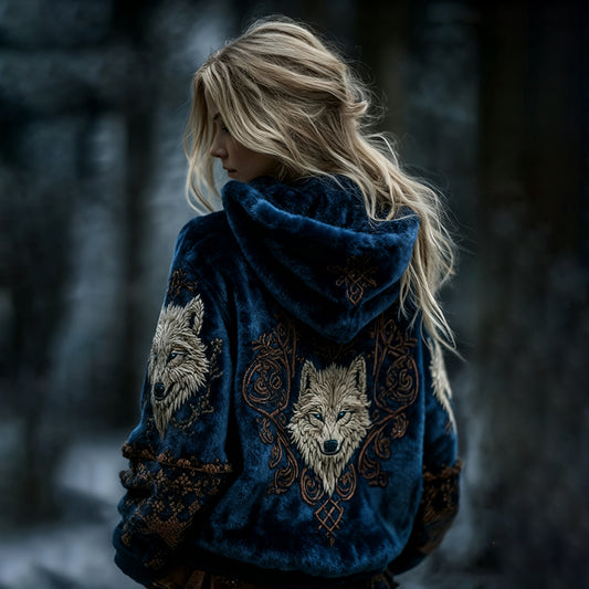Comstylish Women's Viking Celtic Wolf Pattern Art Cozy Flannel Hooded