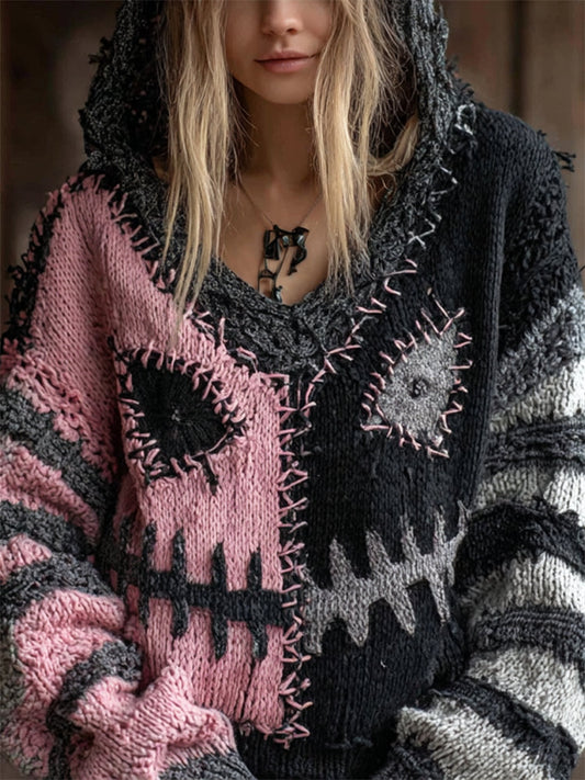 Halloween Spooky Face Contrast Stitched Knit Hooded Sweater artswardrobe