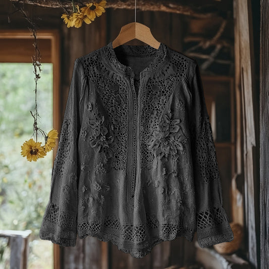 Comstylish Women's Retro Floral Lace Embroidery Art V-neck Shirt