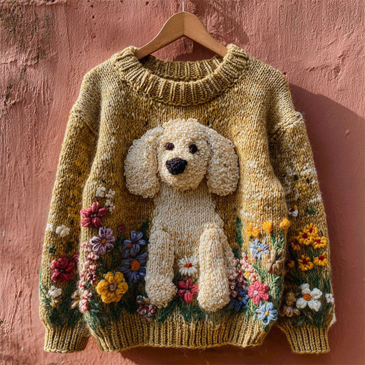 Vintage Fuzzy Dog Floral Crochet Cozy Knit Sweater artswardrobe
