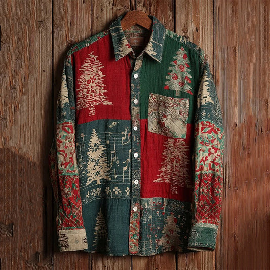 Men's Vintage Musical Christmas Tree Colorblock Print Long Sleeve Shirt artswardrobe