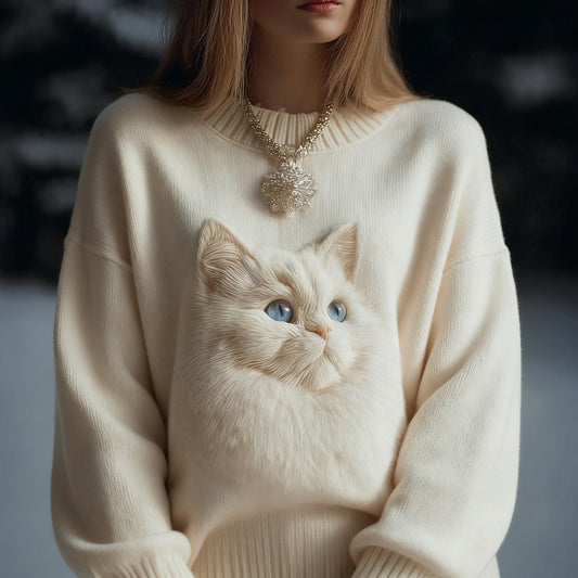 Comstylish Lovely Fuzzy Cat Embroidered Round Neck Cozy Knit Sweater