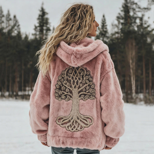 Comstylish Women's Vintage Viking Tree Of Life Plush Warm Flannel Hoodie
