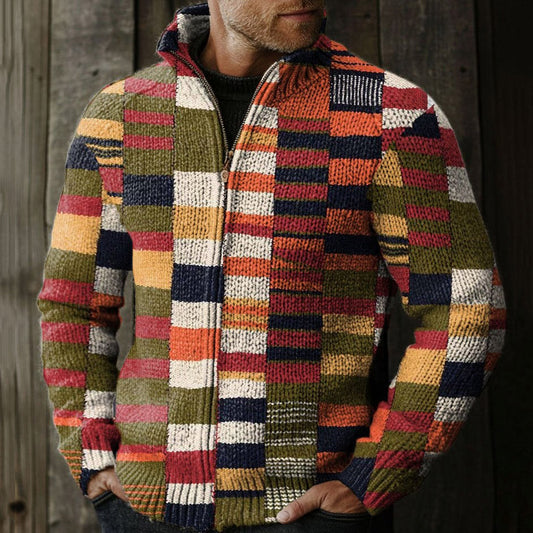 Vintage Multicolor Stitching Art Print Knit Stand Collar Zip Up Sweater artswardrobe