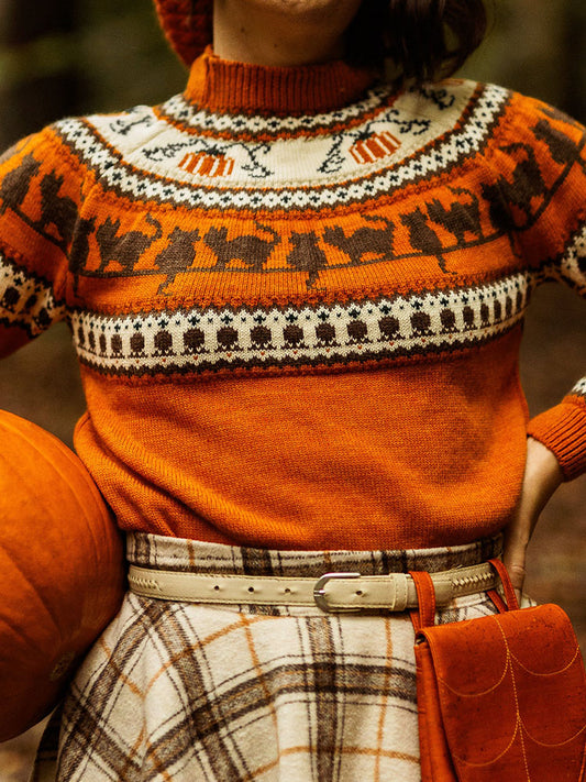 Comstylish Halloween Black Cat Pumpkin Pattern Cozy Knit Sweater