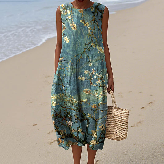 Vintage Loose Vintage Elegant Floral  Art Linen Tank Dress artswardrobe