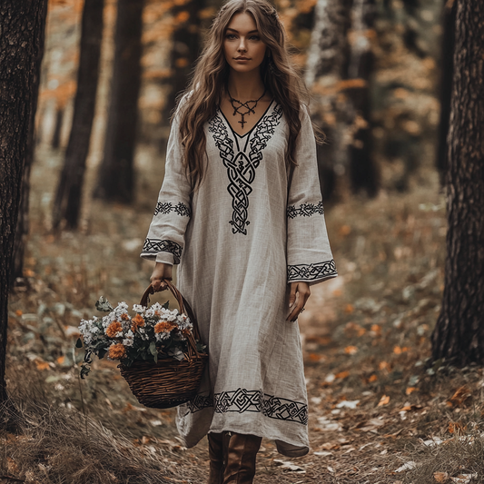 Vintage Viking Celtic Cotton Linen Maxi Dress artswardrobe