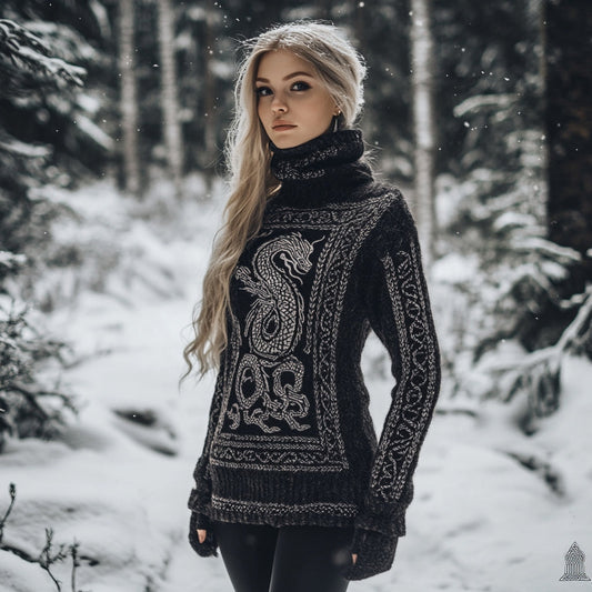 Viking Dragon Pattern Turtleneck Knit Sweater elevenforest