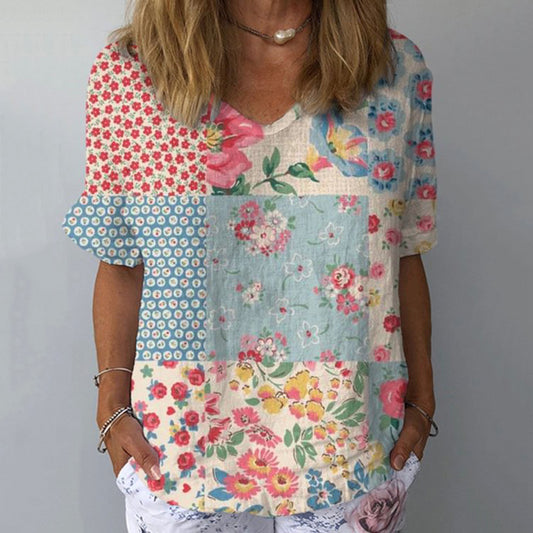 Comstylish Women's Floral Loose Short Sleeve Linen Tops