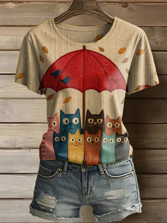 Comstylish Women's Casual Cute Cat Printed Round Neck Short Sleeve T-shirt