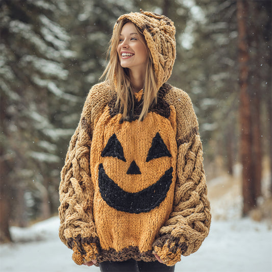 Halloween Pumpkin Lights Women's Chunky Knit Hooded Sweater elevenforest