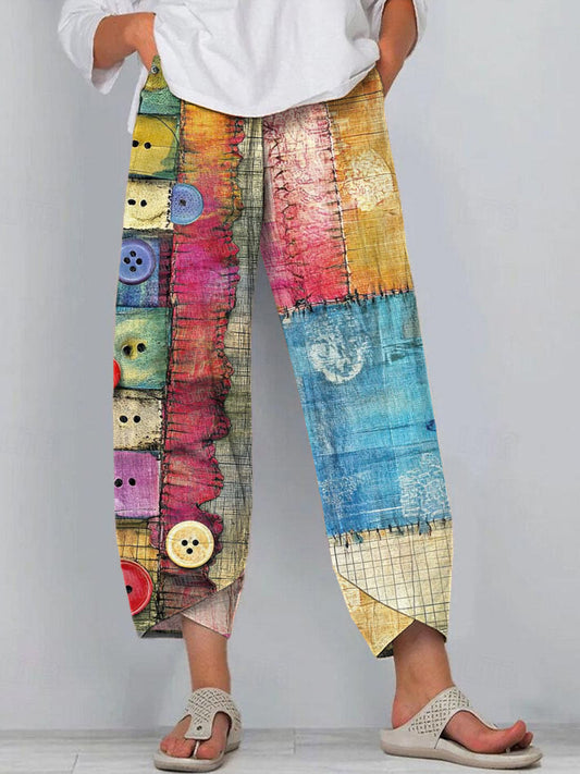 Women's Multicolor Button Design Patchwork Linen Blend Pants artswardrobe