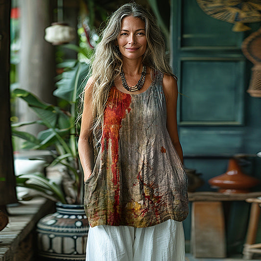 Vintage Rust Art Print V-neck Linen Blend Casual Tank Top artswardrobe