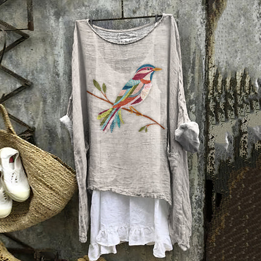 Women's Bird On Branch Art Print Cotton And Linen Shirt artswardrobe