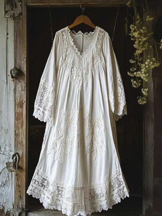 Vintage Floral Embroidered Lace Hem Linen Cozy Maxi Dress artswardrobe