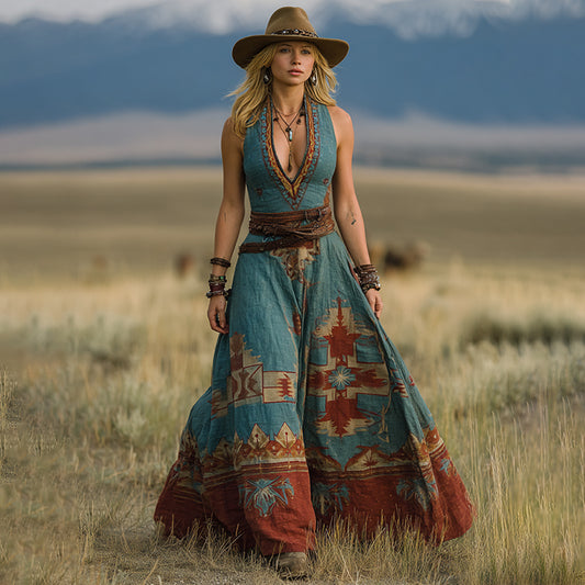 Women's Vintage Western Geometric Print V-neck Sleeveless Maxi Dress artswardrobe