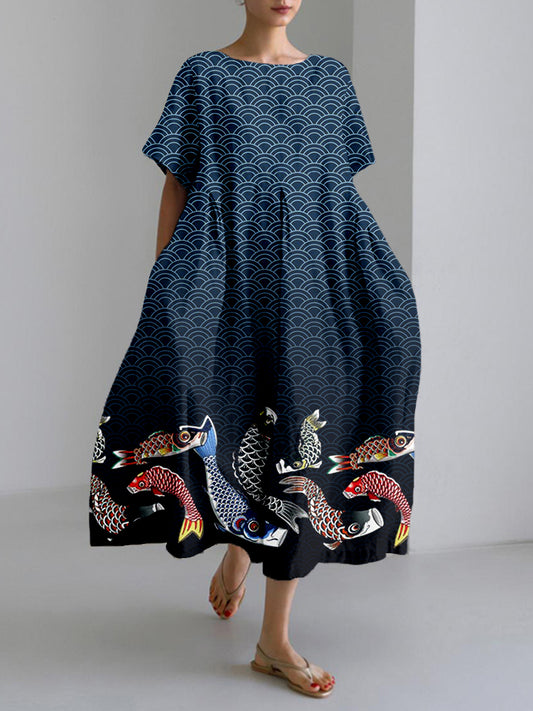 Comstylish Japanese Koinobori & Waves Pattern Linen Blend Maxi Dress