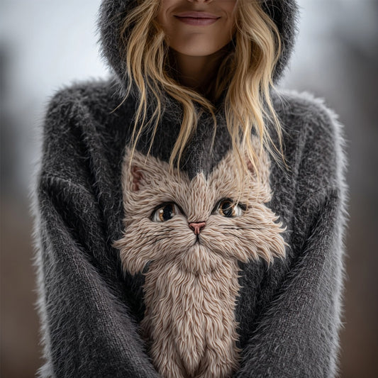 Comstylish Cute Fuzzy Cat Embroidered Cozy Hooded Sweater