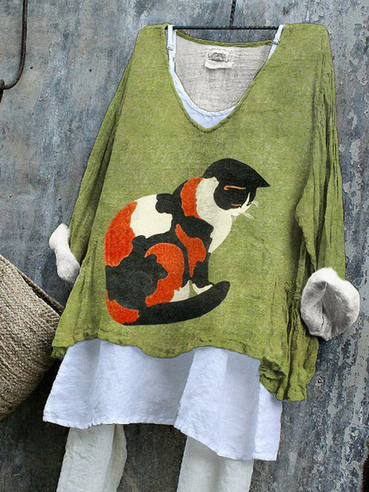 Hana Cat Japanese Art V-Neck Loose Top elevenforest