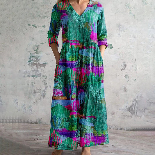 Comstylish Underwater World Print V-Neck Casual Midi Dress