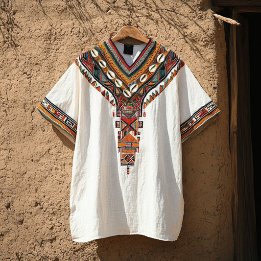 Vintage African Ethnic Kenyan Shell Art Linen Shirt artswardrobe