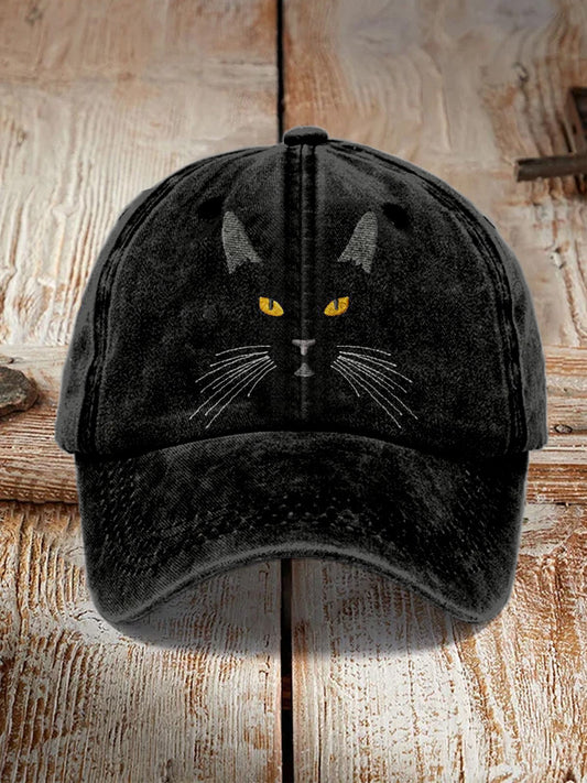 Comstylish Black Cat Face Embroidered Vintage Washed Cap