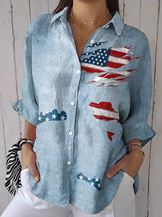 Comstylish Women's Independence Day Vintage Flag Design Printed Casual Shirt