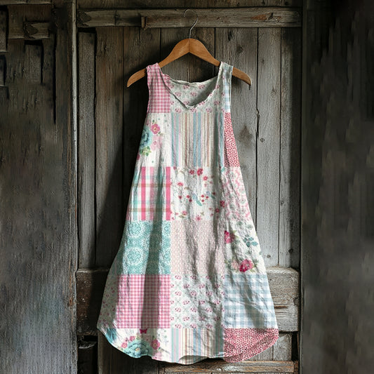 Vintage Floral Geometric Art Linen Blend Tank Dress artswardrobe