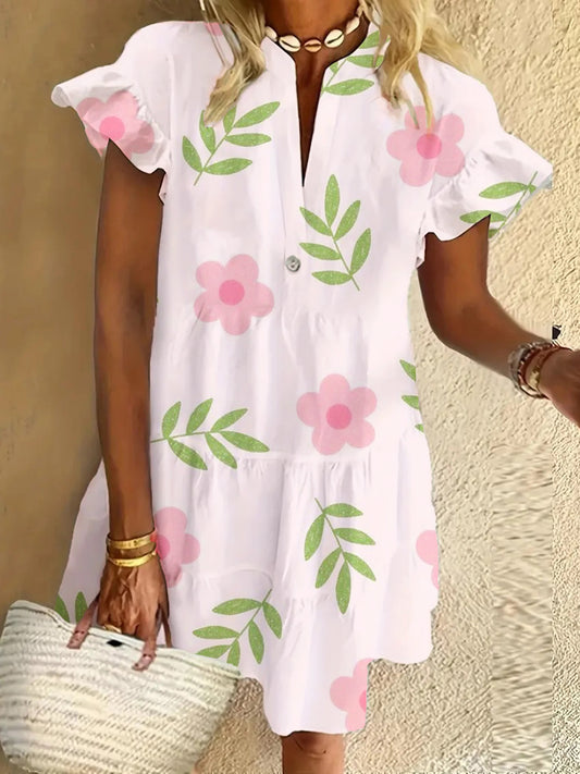 Flower Ruffled Short-sleeved V-neck Buttoned Dress Vacation Beach Dress