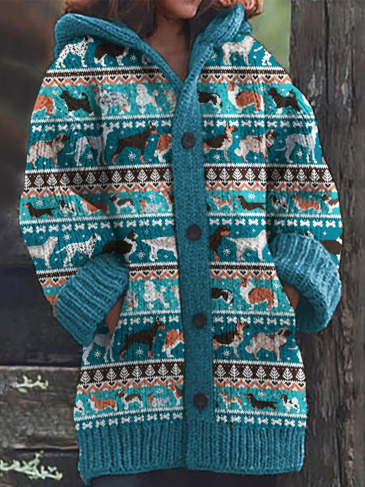 Dogs Of Breeds Inspired Cozy Knit Hooded Isle Cardigan artswardrobe