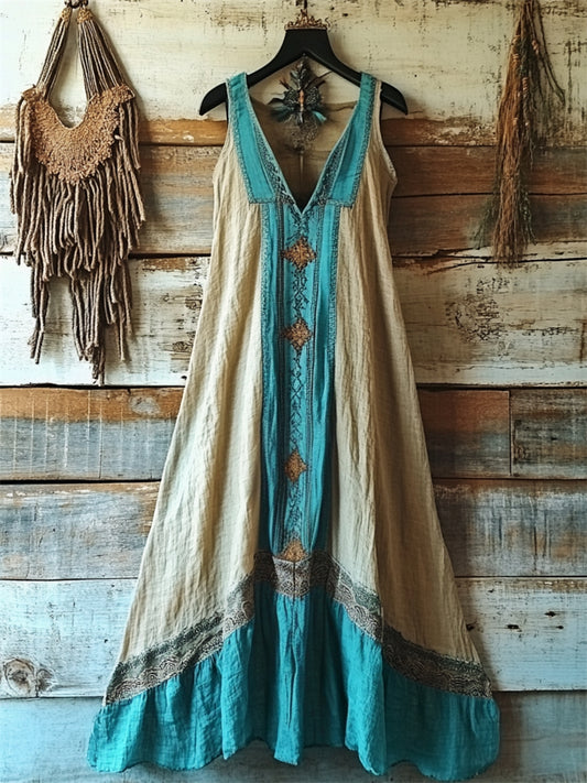 Vintage Ethnic Embroidered Turquoise Contrast Linen Tank Dress artswardrobe