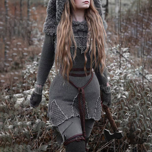 Women's Celtic Knotted Viking Jacquard Crew Neck Sweater Dress elevenforest