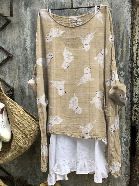 Comstylish Fuzzy Dogs Plaid Pattern Linen Blend Tunic