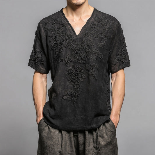 Men's Floral Lace Embroidered Vintage Linen T Shirt artswardrobe