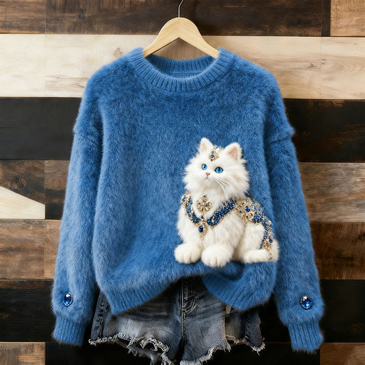 Cute Fluffy Jewel Cat Pattern Thick Pullover Sweater elevenforest